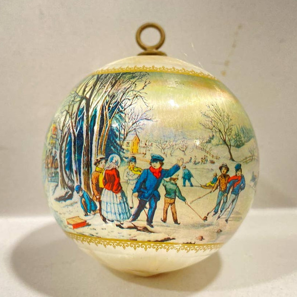 Vintage Satin Christmas Ornaments Winter Scene Decorations Set of 2 - Picture 4 of 8